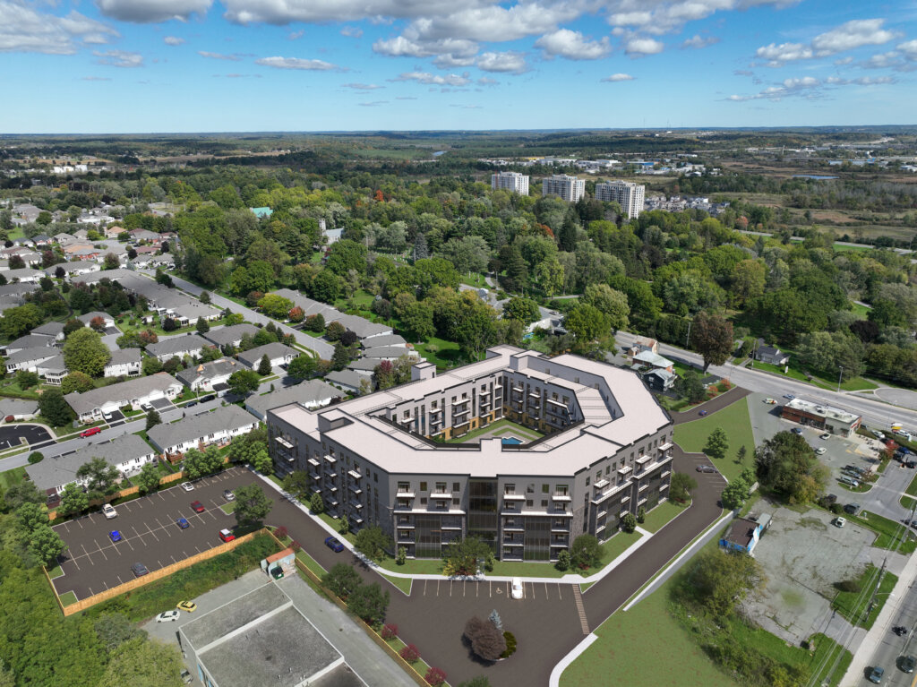 Aerial view of the 2274 Princess net-zero apartment building in Kingston