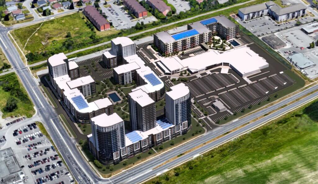 Aerial rendering of the Frontenac Mall residential redevelopment in Kingston